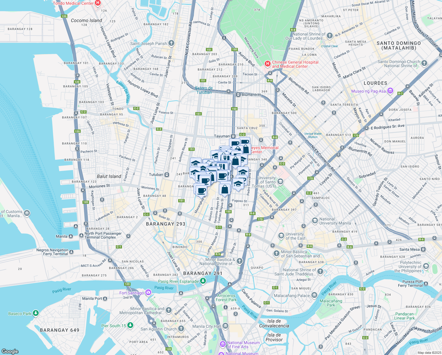 map of restaurants, bars, coffee shops, grocery stores, and more near Bambang Street in Manila