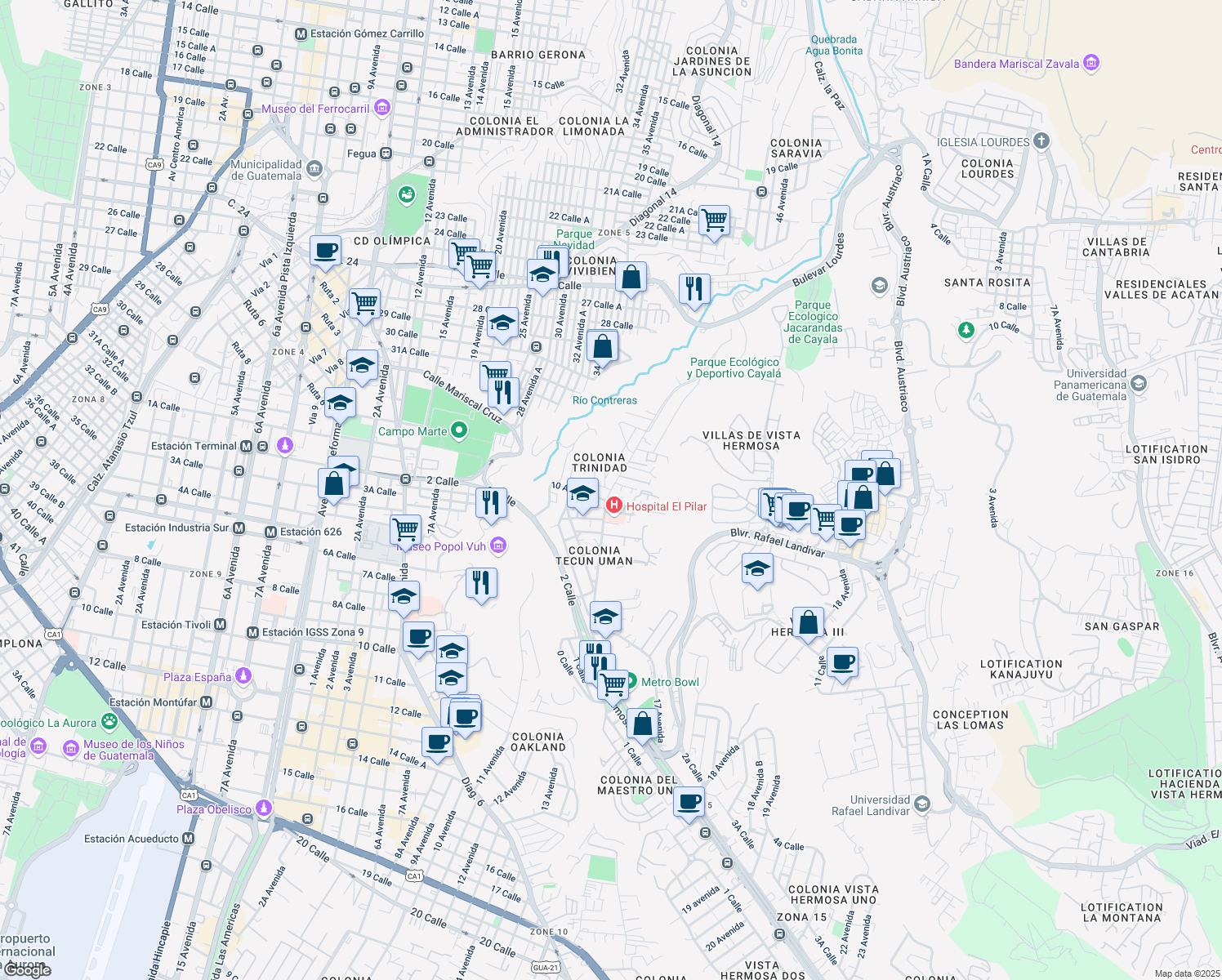 map of restaurants, bars, coffee shops, grocery stores, and more near 3A Calle in Guatemala City