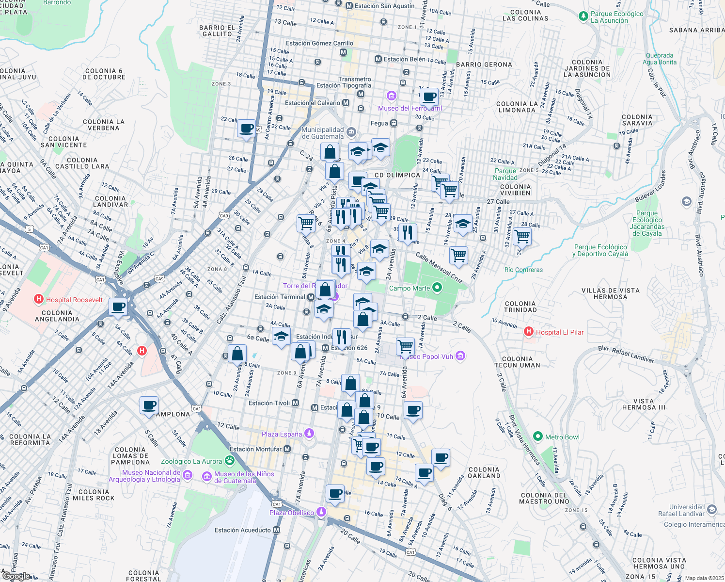 map of restaurants, bars, coffee shops, grocery stores, and more near Avenida La Reforma in Guatemala City