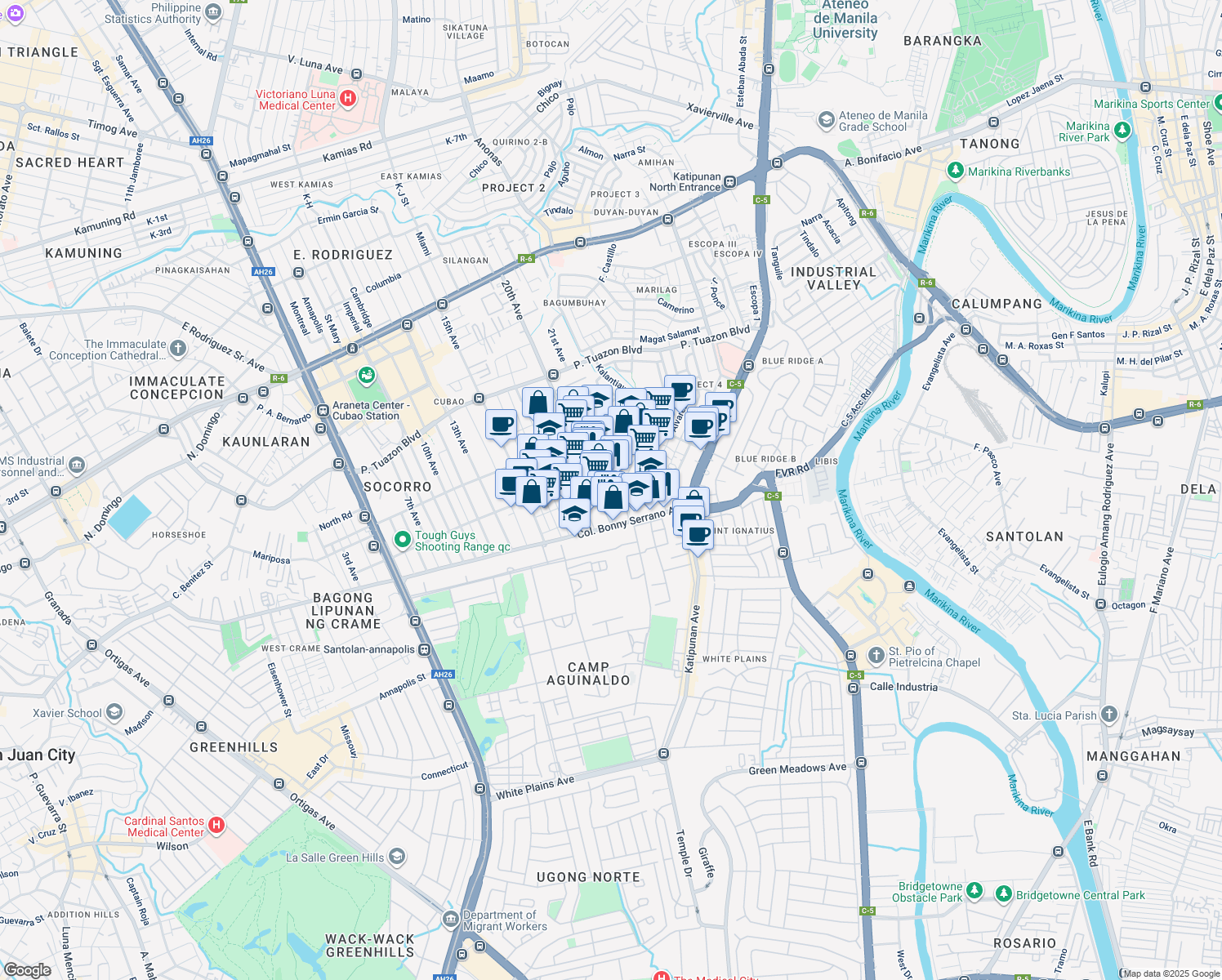 map of restaurants, bars, coffee shops, grocery stores, and more near 20 20th Avenue in Quezon City