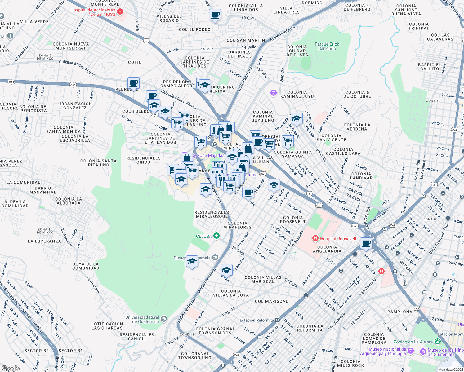 map of restaurants, bars, coffee shops, grocery stores, and more near 2155 7 Calle in Ciudad de Guatemala