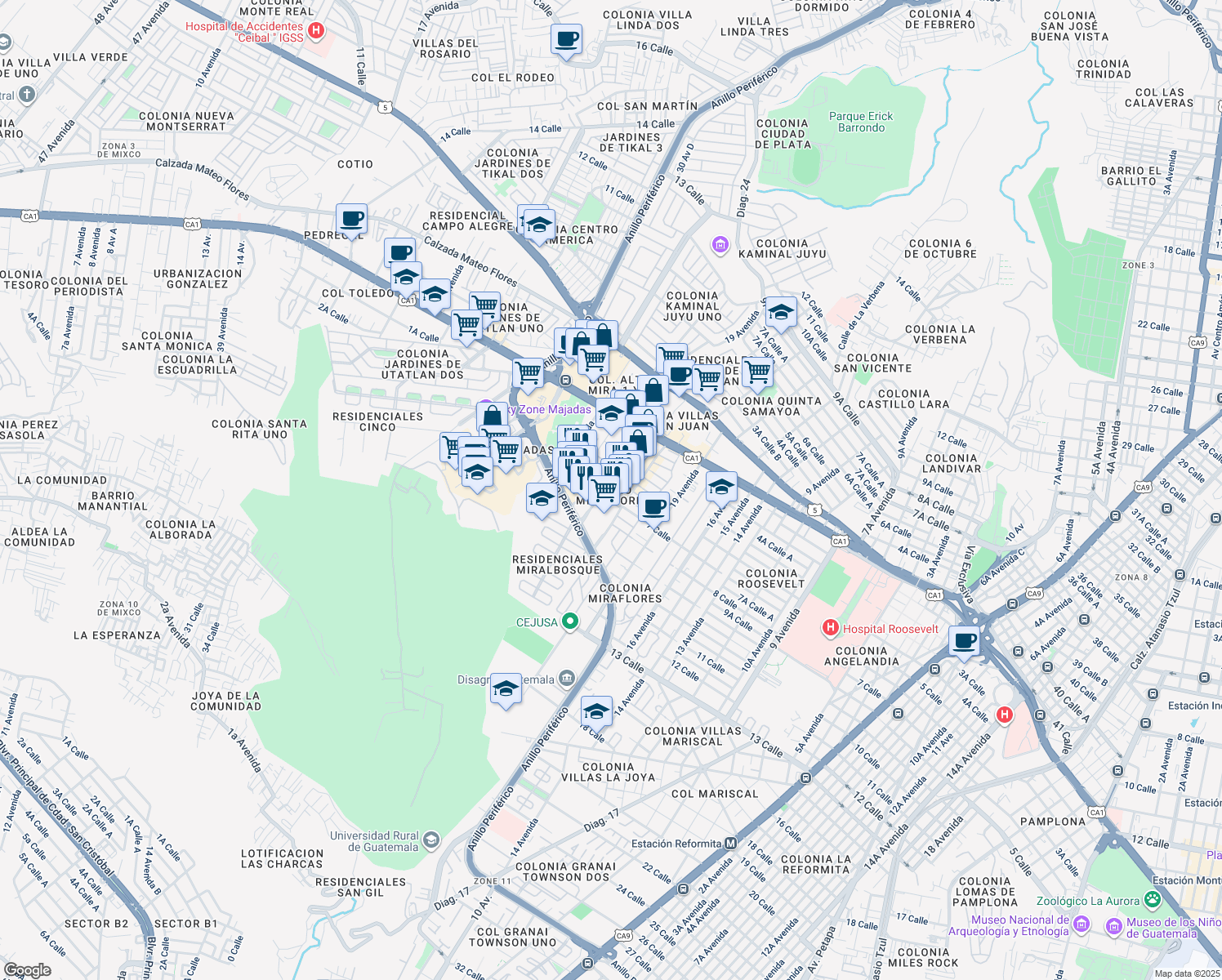 map of restaurants, bars, coffee shops, grocery stores, and more near 2155 7 Calle in Ciudad de Guatemala