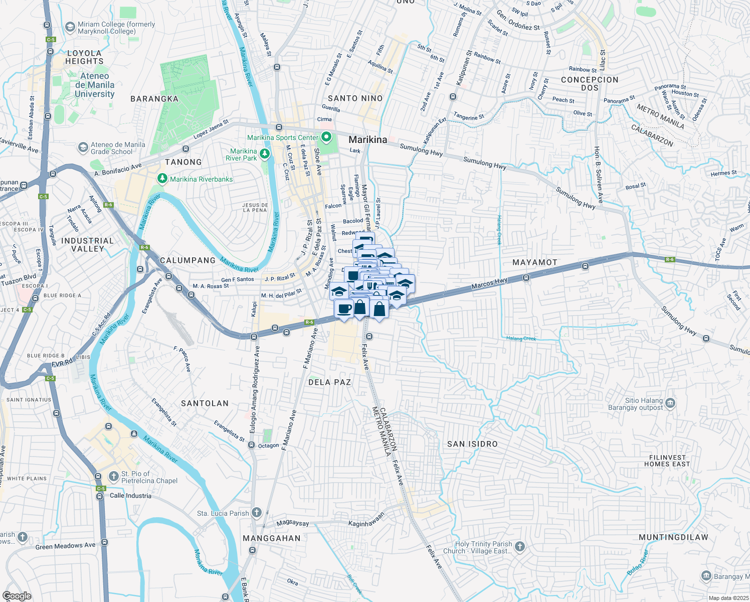 map of restaurants, bars, coffee shops, grocery stores, and more near Gunting Street in Marikina City