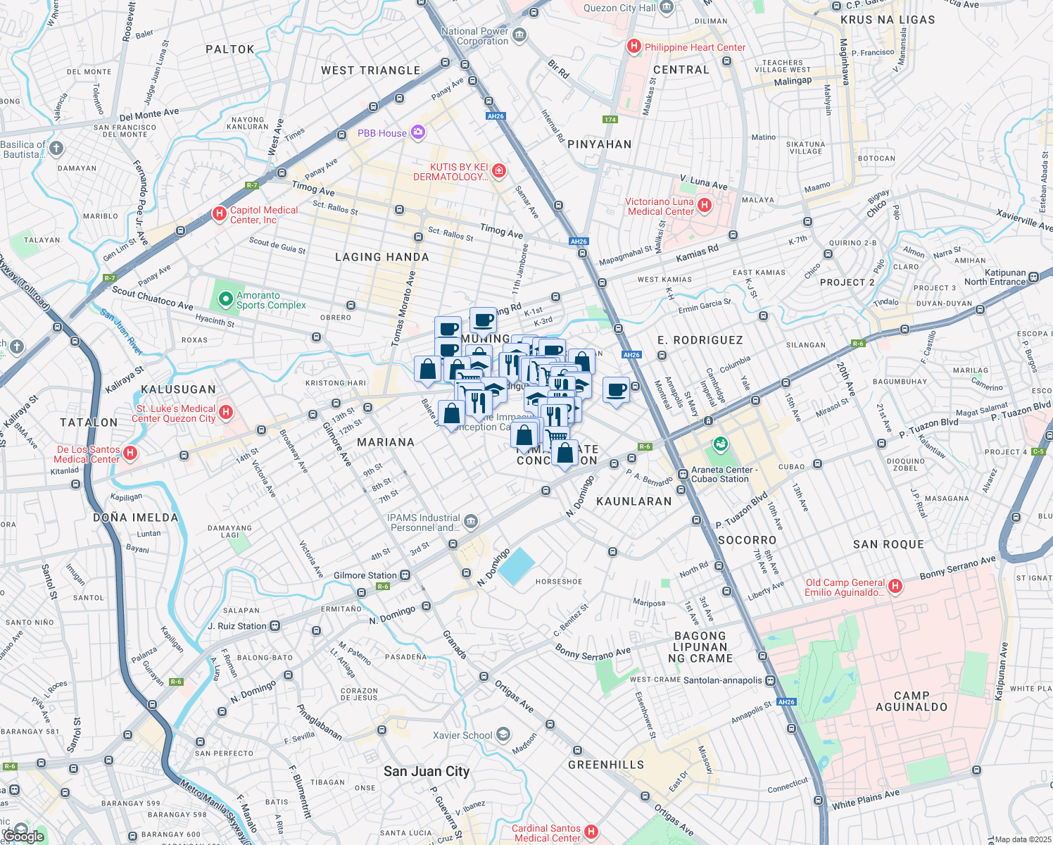 map of restaurants, bars, coffee shops, grocery stores, and more near Boston in Quezon City