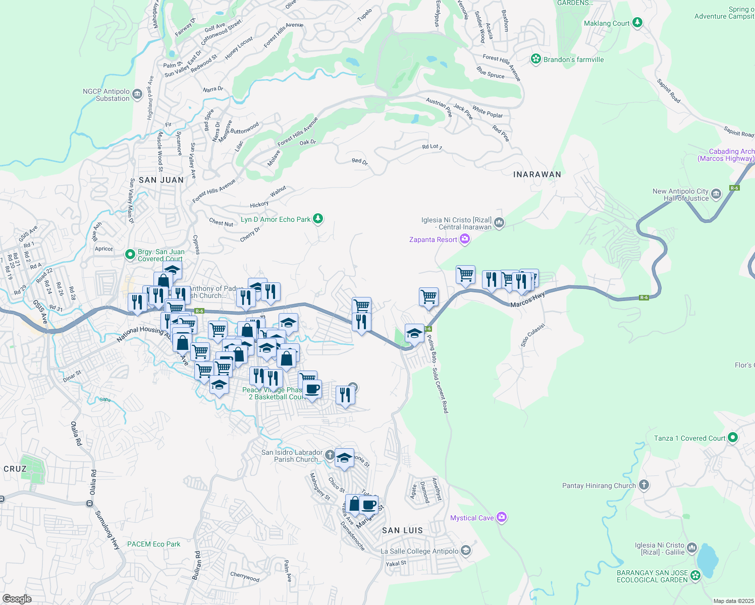 map of restaurants, bars, coffee shops, grocery stores, and more near Washington Street in Antipolo City