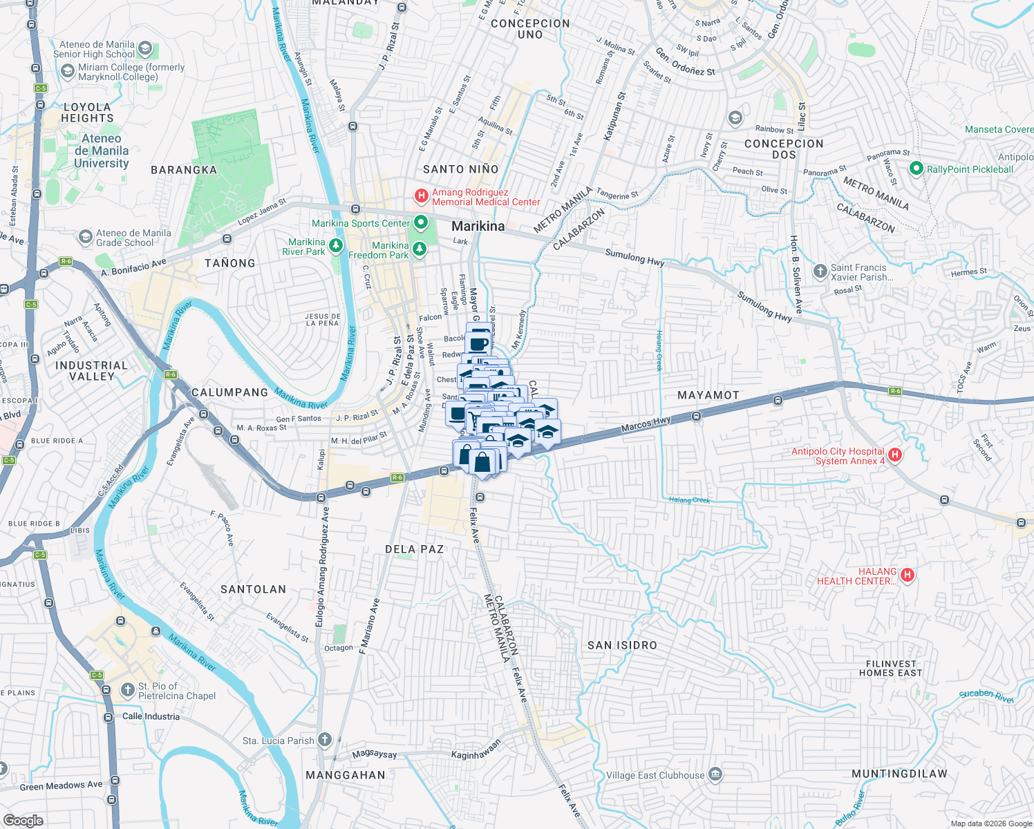 map of restaurants, bars, coffee shops, grocery stores, and more near Pambuli in Marikina City