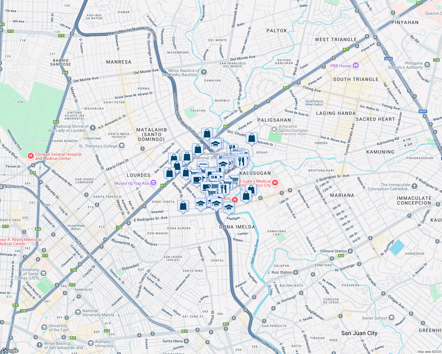 map of restaurants, bars, coffee shops, grocery stores, and more near Gregorio Araneta Avenue in Quezon City