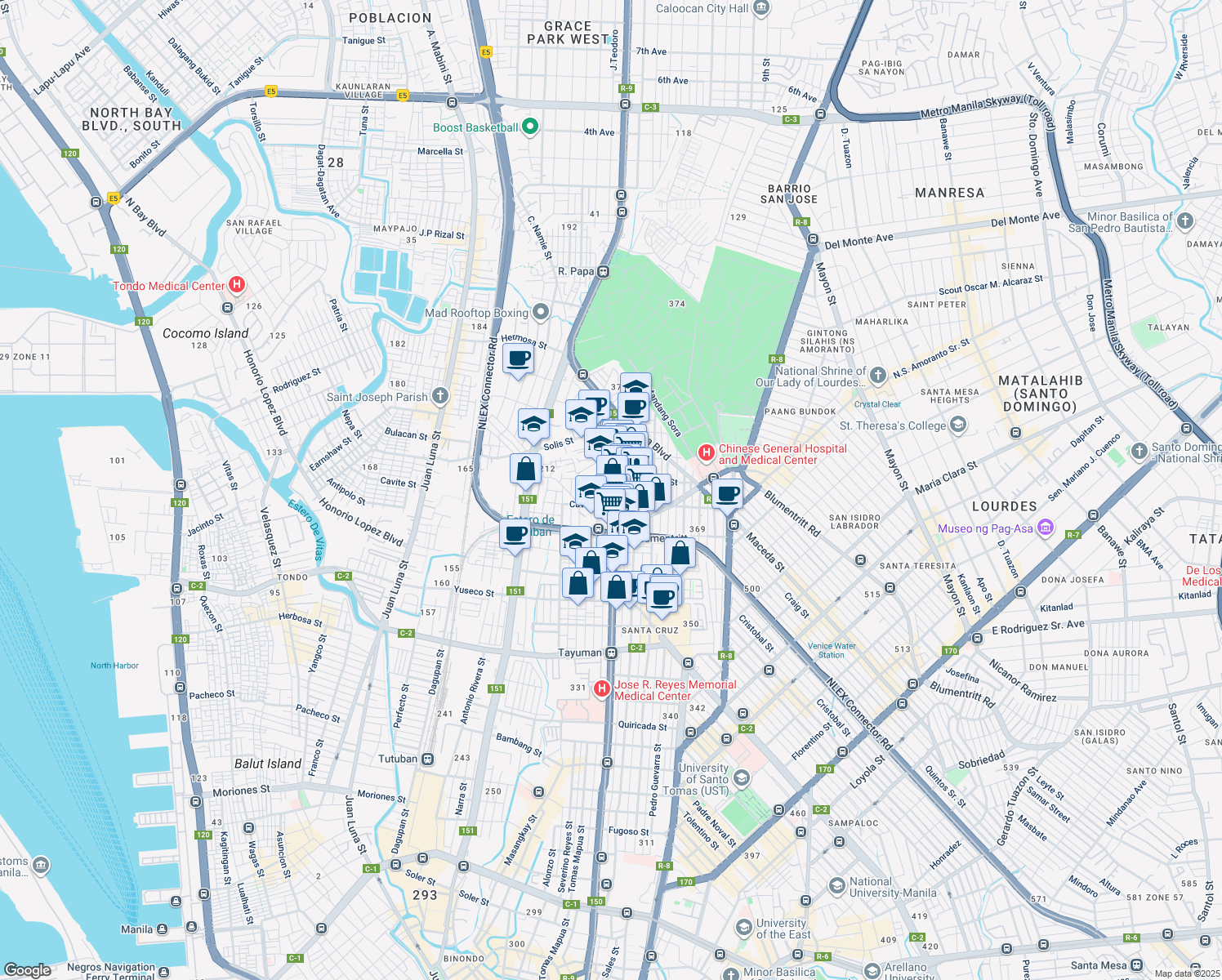 map of restaurants, bars, coffee shops, grocery stores, and more near 1984 Lico Street in Manila