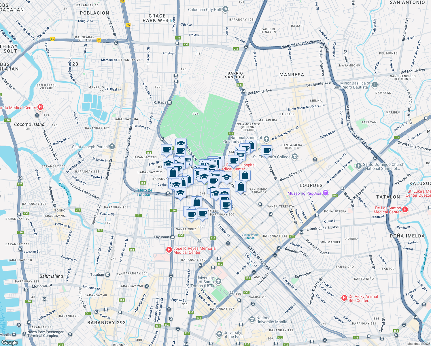 map of restaurants, bars, coffee shops, grocery stores, and more near Blumentritt in Manila