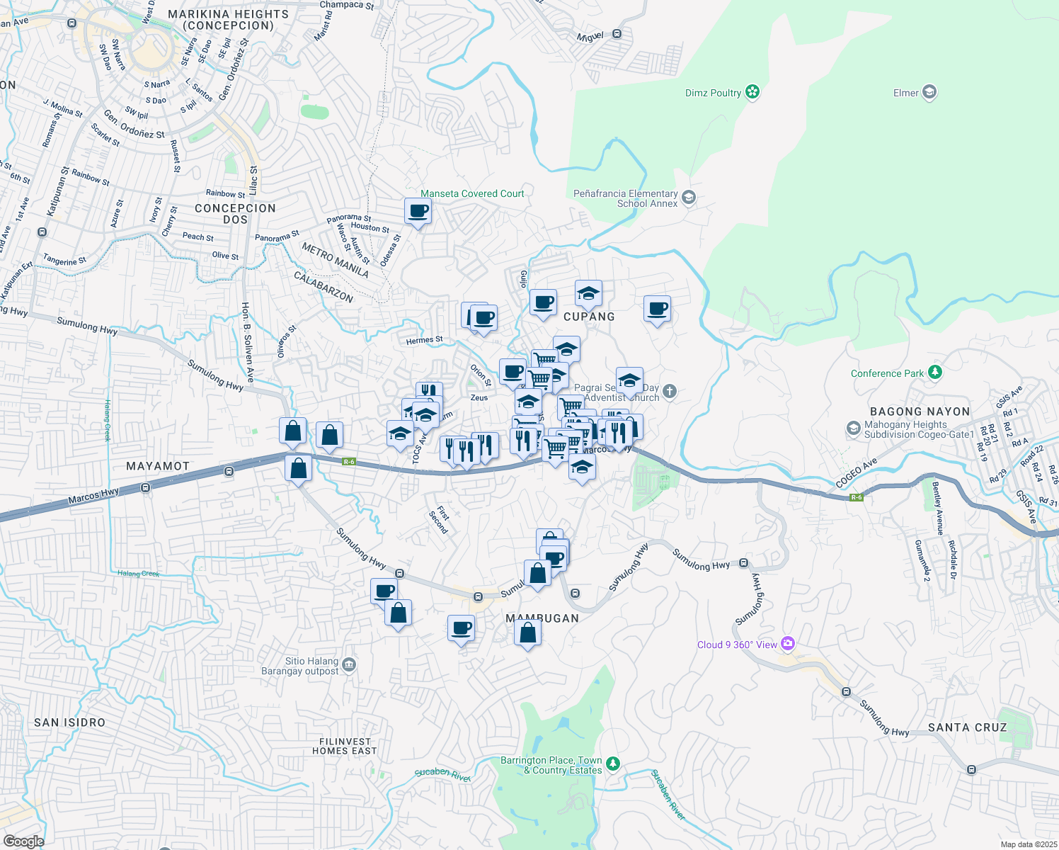 map of restaurants, bars, coffee shops, grocery stores, and more near Woodlands Avenue Palmera Homes Road in Antipolo City