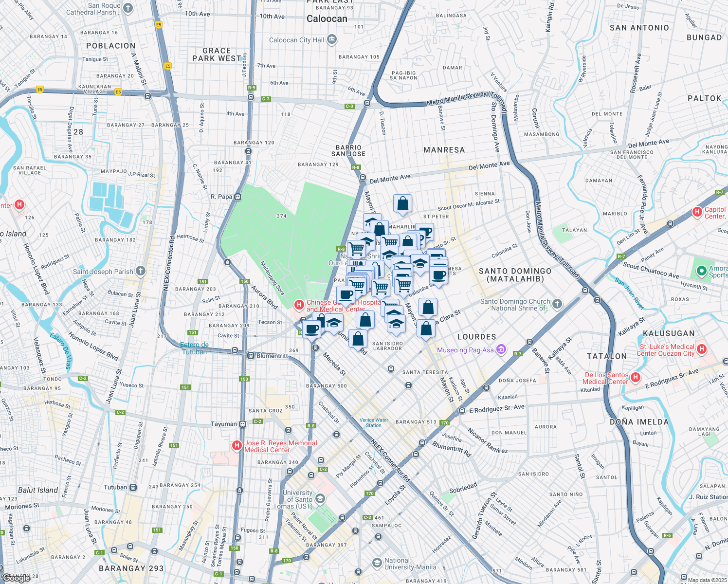 map of restaurants, bars, coffee shops, grocery stores, and more near 1114 N.S. Amoranto Sr. Street in Quezon City