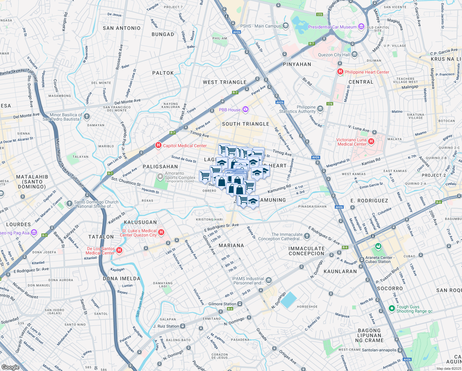 map of restaurants, bars, coffee shops, grocery stores, and more near 93 Scout Castor in Quezon City