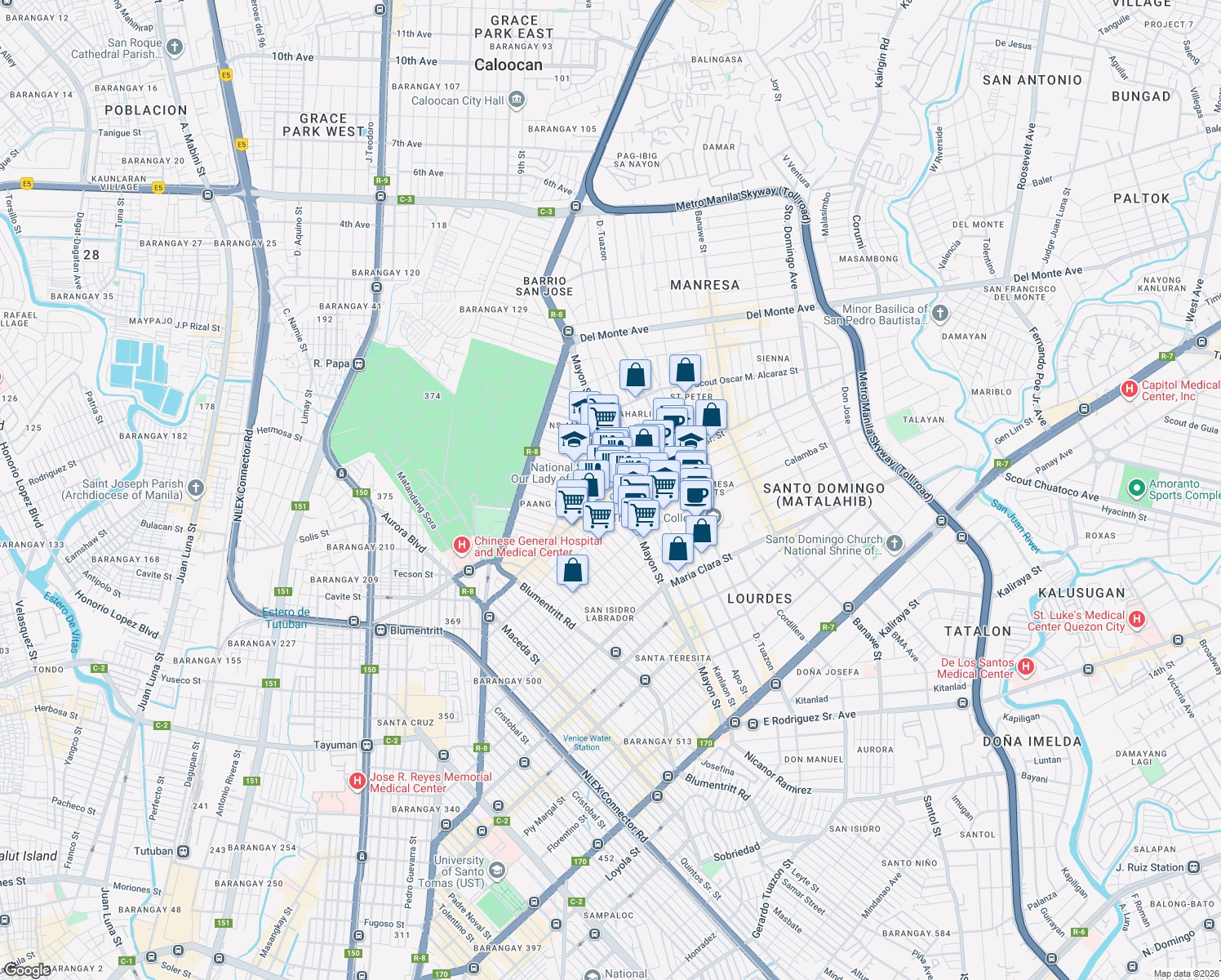 map of restaurants, bars, coffee shops, grocery stores, and more near 1114 N.S. Amoranto Sr. Street in Quezon City