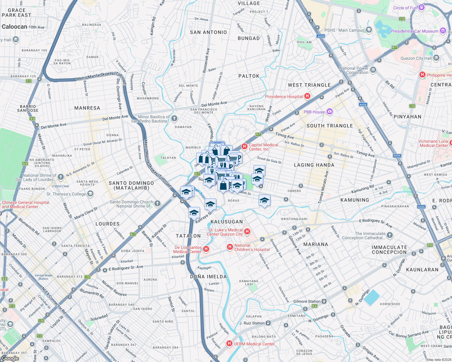 map of restaurants, bars, coffee shops, grocery stores, and more near Scout Ojeda in Quezon City