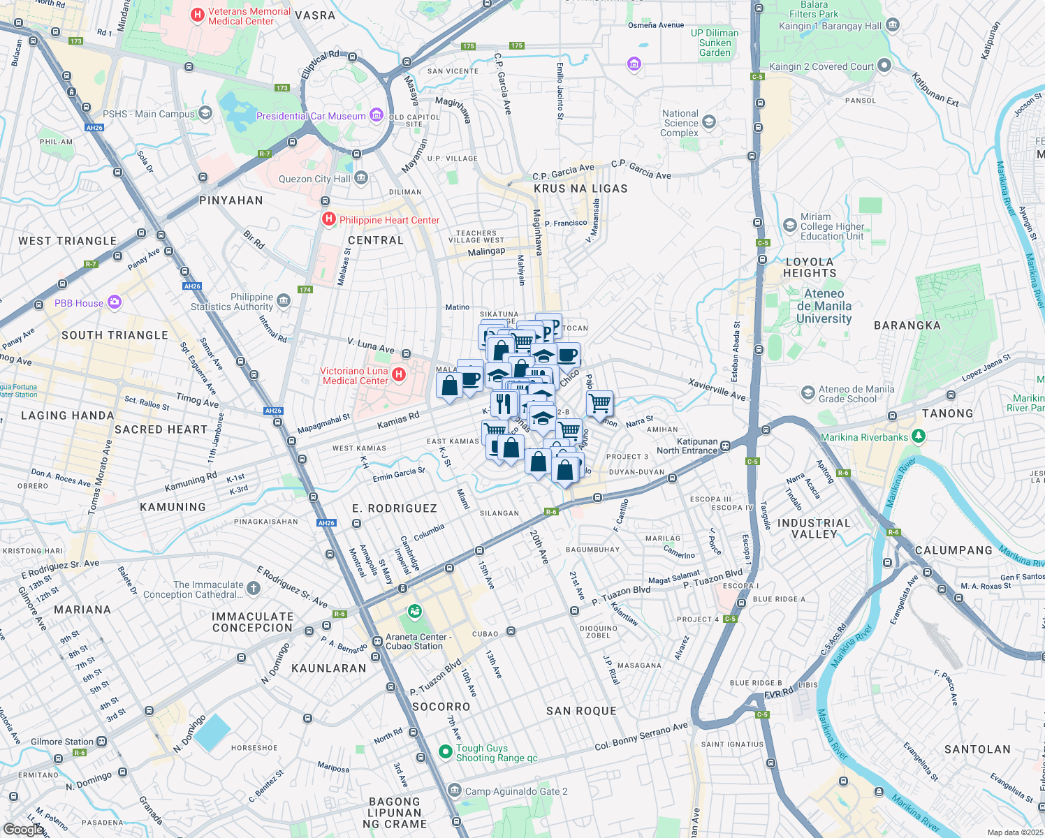 map of restaurants, bars, coffee shops, grocery stores, and more near 76 Anonas in Quezon City