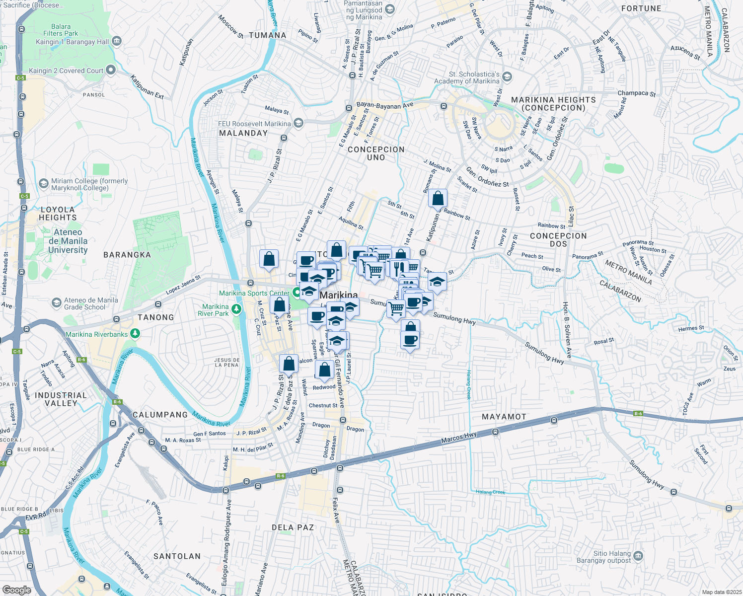 map of restaurants, bars, coffee shops, grocery stores, and more near Sumulong Highway in Marikina
