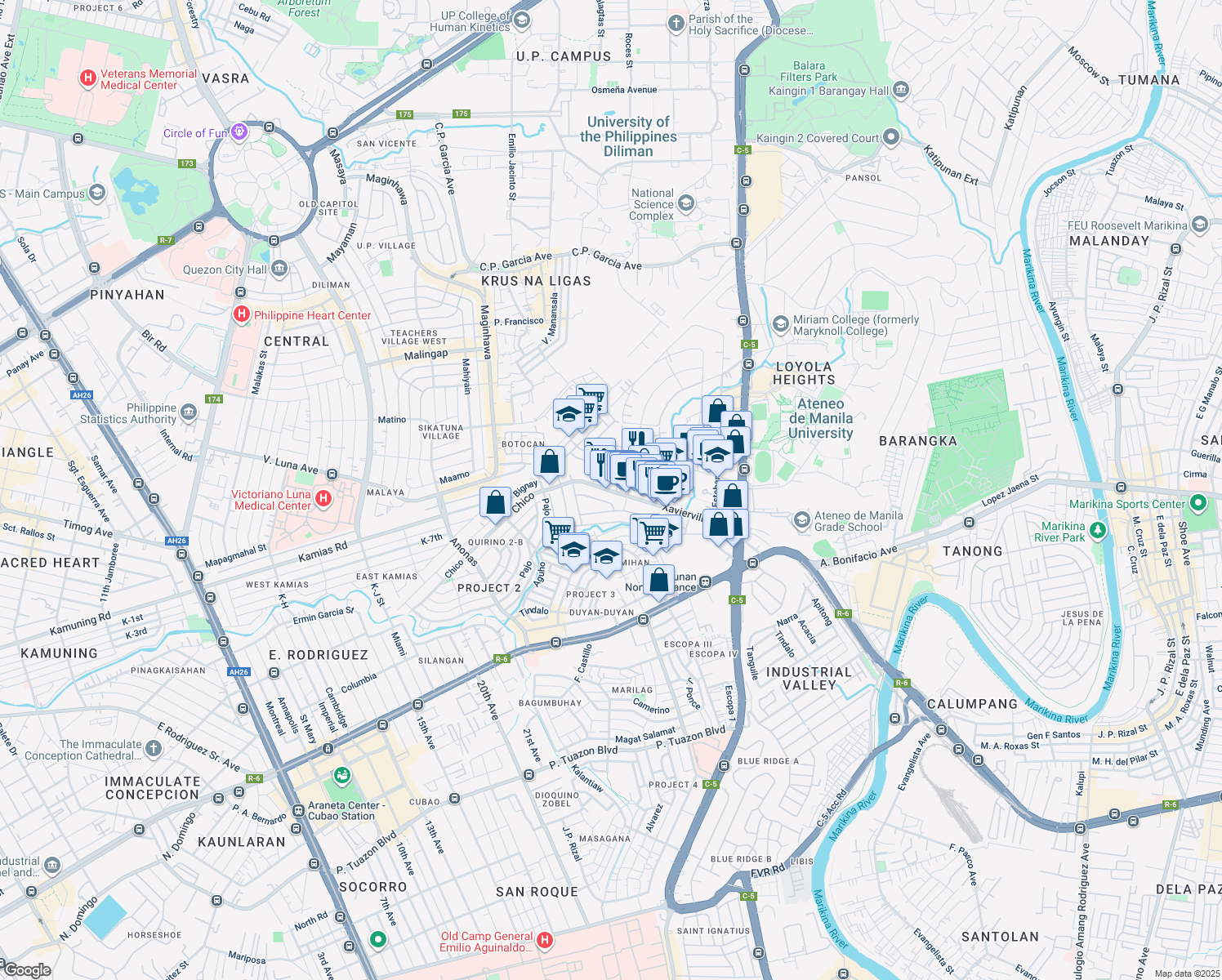 map of restaurants, bars, coffee shops, grocery stores, and more near 43 Xavierville Avenue in Quezon City