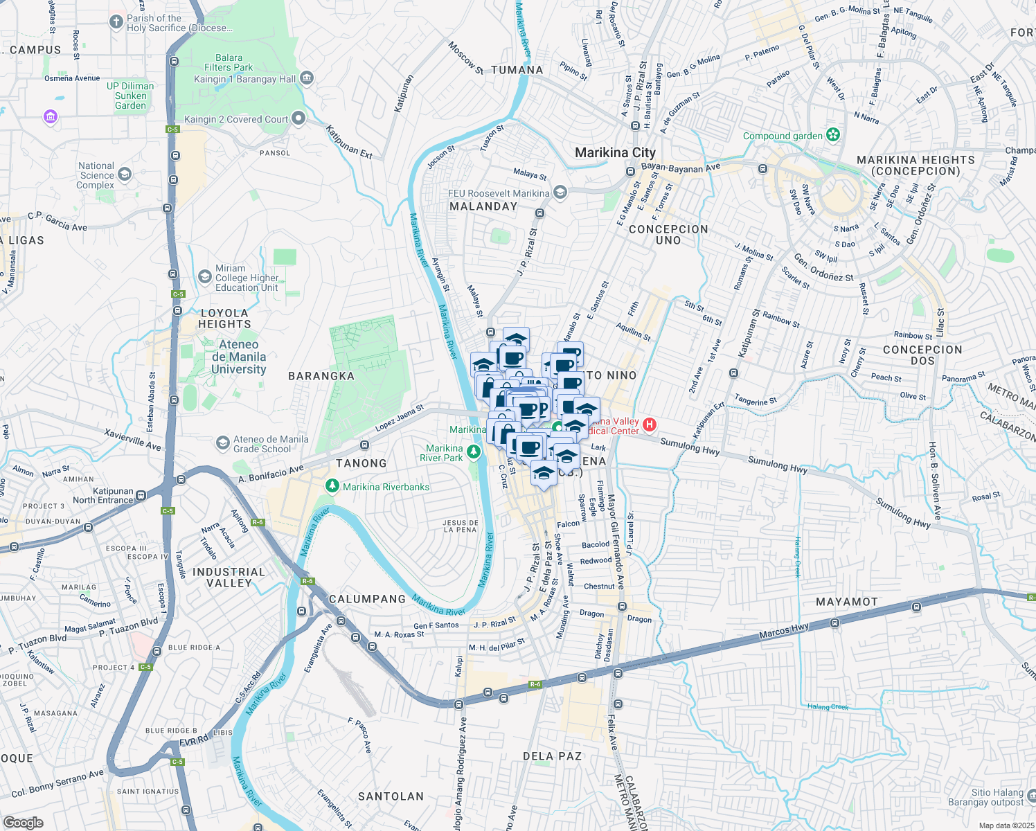 map of restaurants, bars, coffee shops, grocery stores, and more near 1800 Sumulong Highway in Marikina