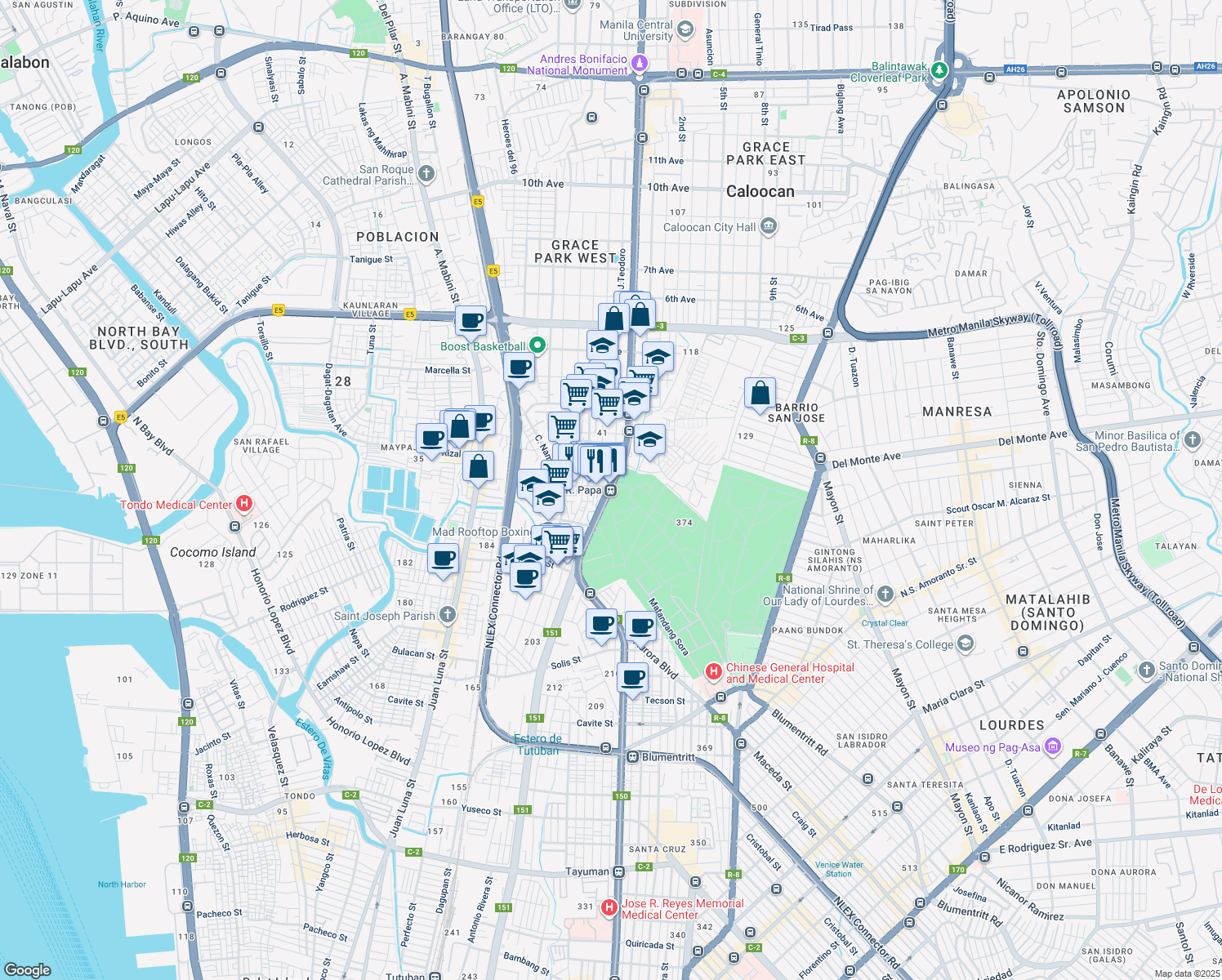 map of restaurants, bars, coffee shops, grocery stores, and more near Ricardo Papa Street in Manila