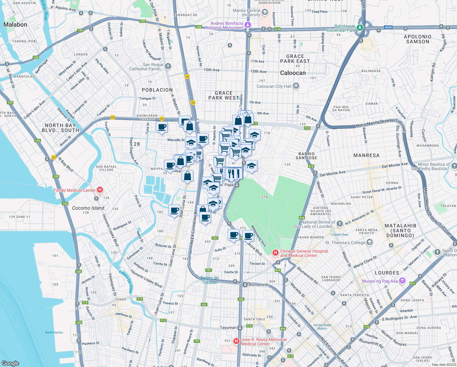 map of restaurants, bars, coffee shops, grocery stores, and more near Ricardo Papa Street in Manila