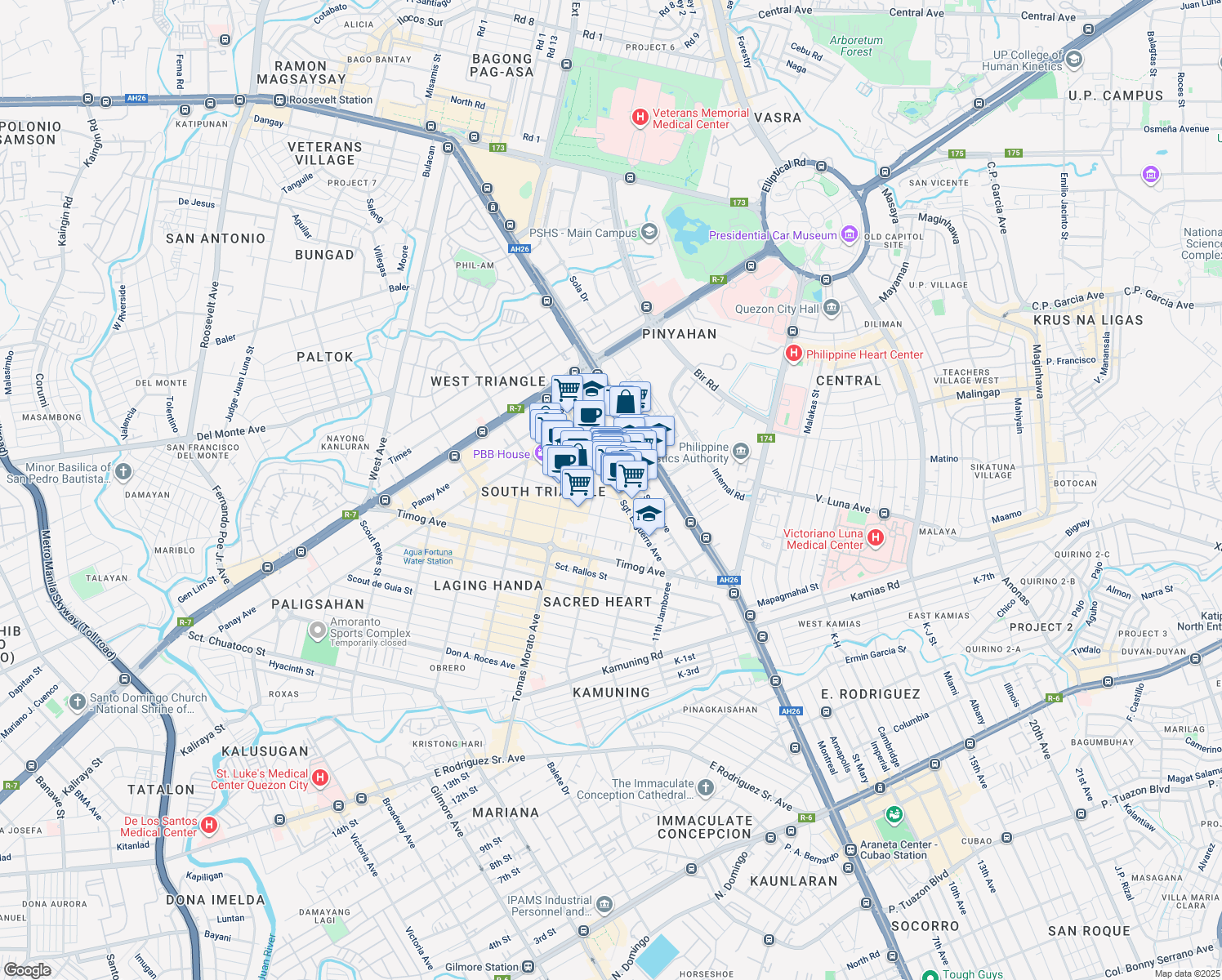 map of restaurants, bars, coffee shops, grocery stores, and more near 41 Sgt. Esguerra Avenue in Quezon City