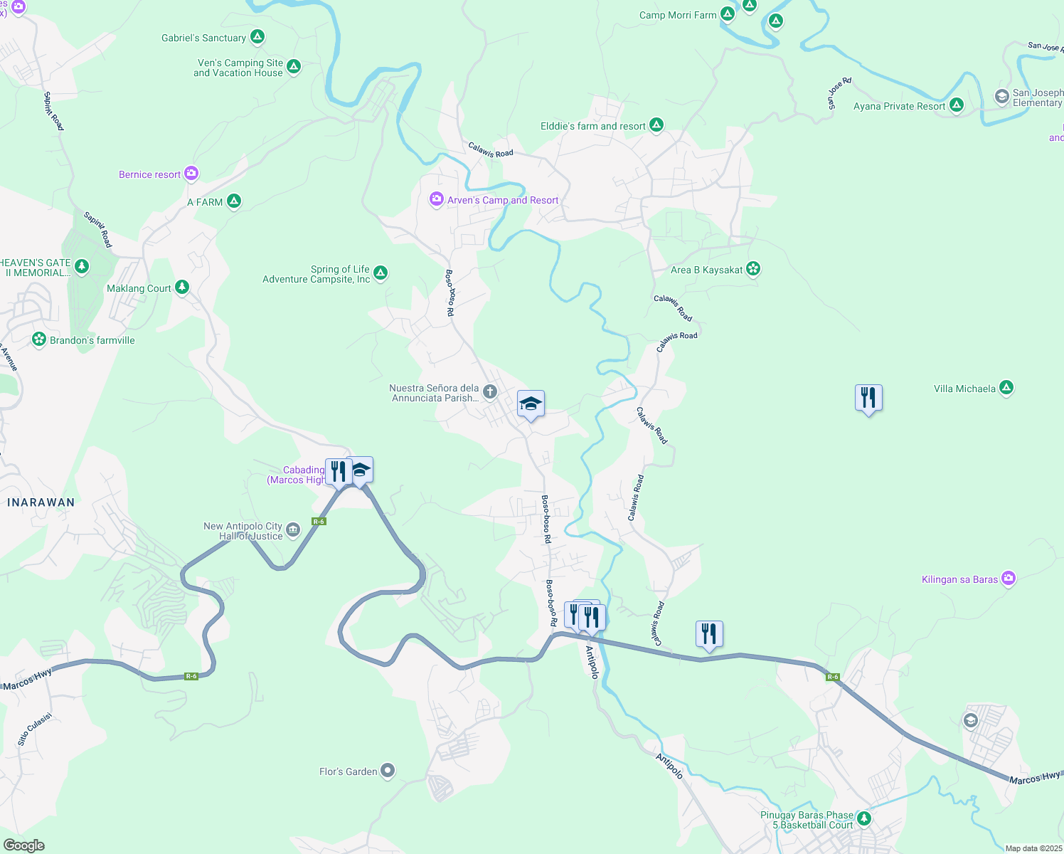 map of restaurants, bars, coffee shops, grocery stores, and more near Calawis Road in Antipolo City
