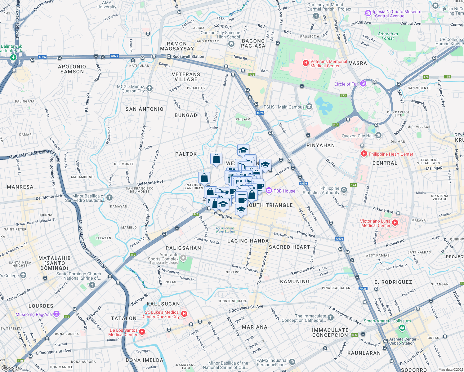 map of restaurants, bars, coffee shops, grocery stores, and more near 3 West 4th in Lungsod Quezon