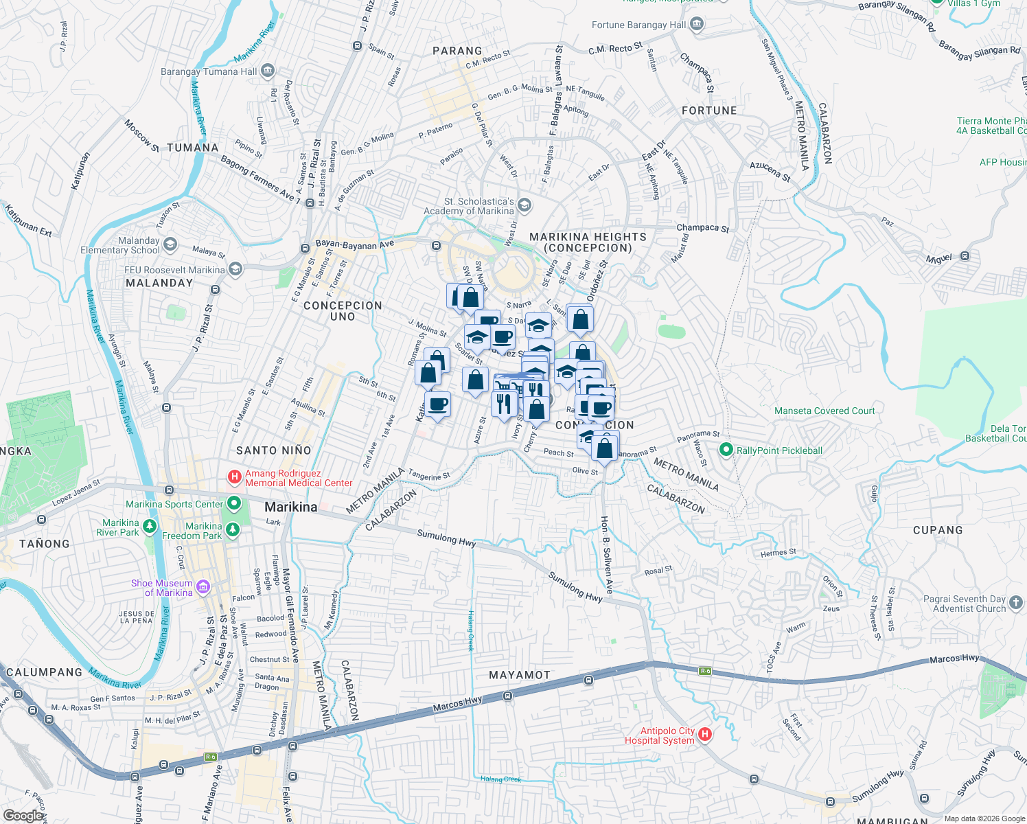 map of restaurants, bars, coffee shops, grocery stores, and more near Rainbow Street in Marikina