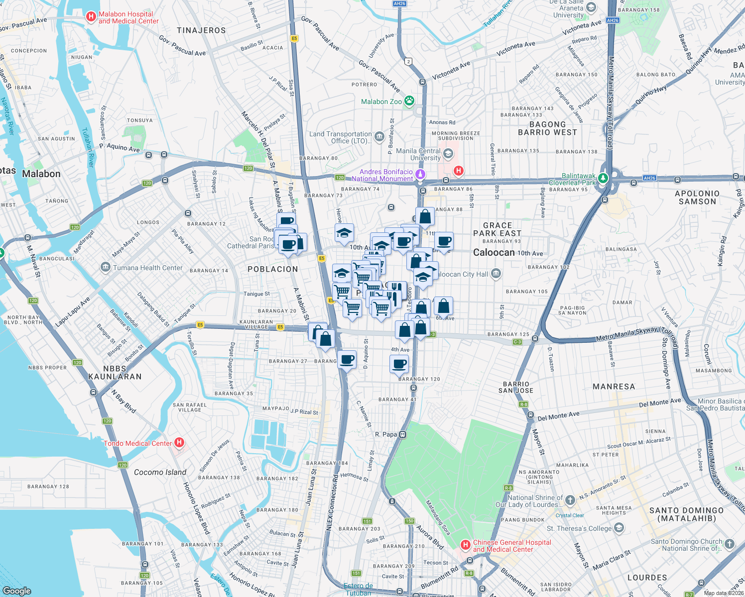 map of restaurants, bars, coffee shops, grocery stores, and more near 7th Avenue in Caloocan