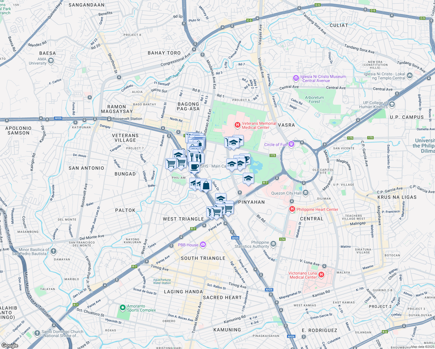 map of restaurants, bars, coffee shops, grocery stores, and more near Vertis Drive in Quezon City
