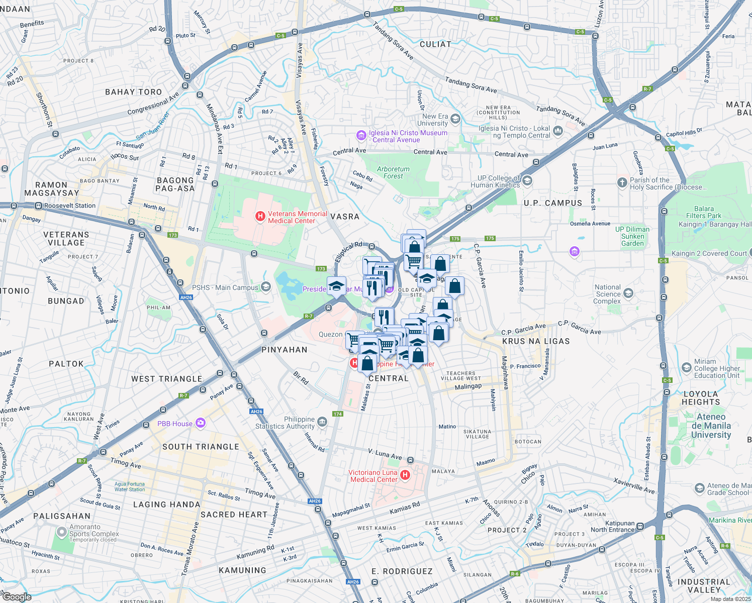 map of restaurants, bars, coffee shops, grocery stores, and more near Quezon Memorial Circle Elliptical Road Underpass in Quezon City