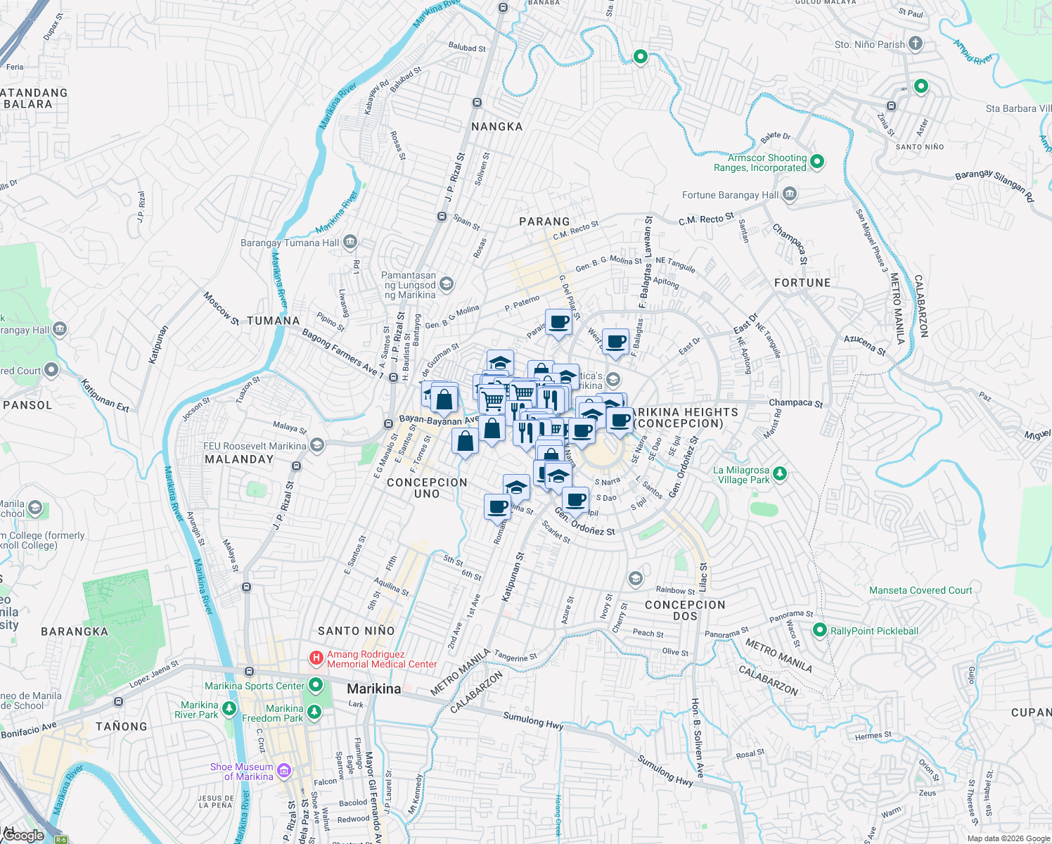map of restaurants, bars, coffee shops, grocery stores, and more near in Marikina