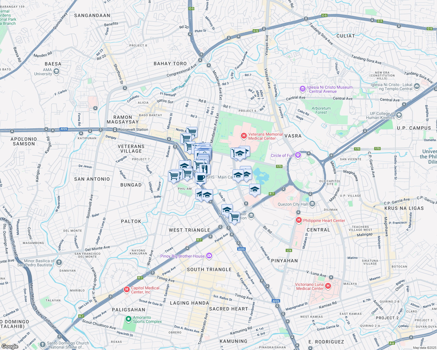 map of restaurants, bars, coffee shops, grocery stores, and more near Vertis Drive in Quezon City