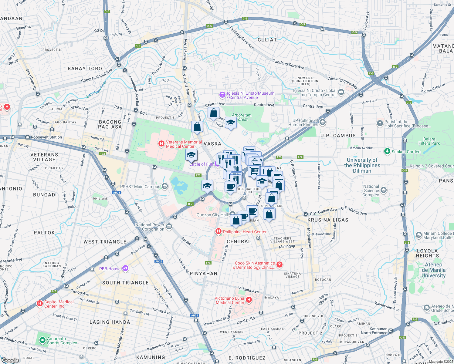 map of restaurants, bars, coffee shops, grocery stores, and more near Elliptical Road in Quezon City