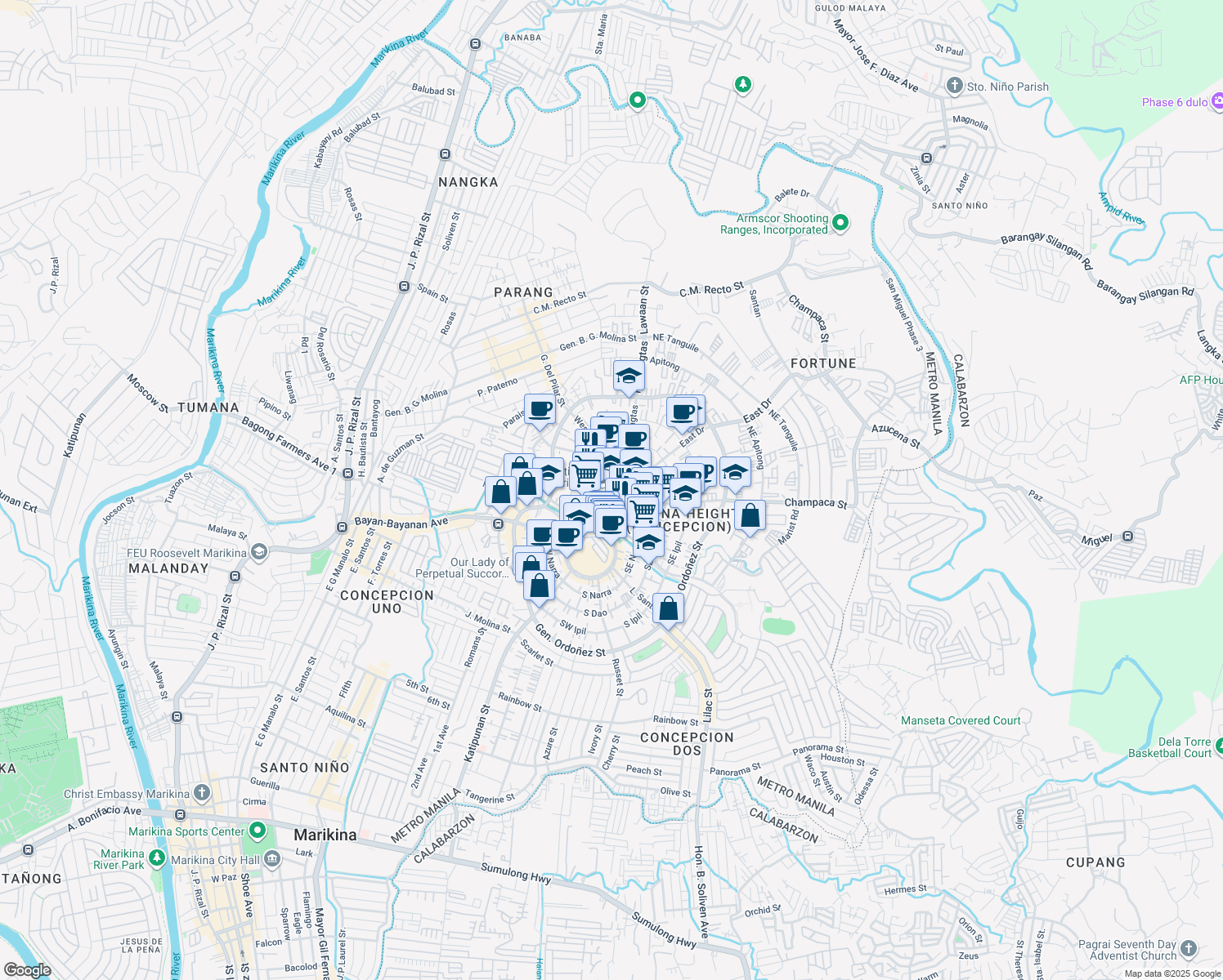 map of restaurants, bars, coffee shops, grocery stores, and more near 29 West Drive East Drive in Marikina City