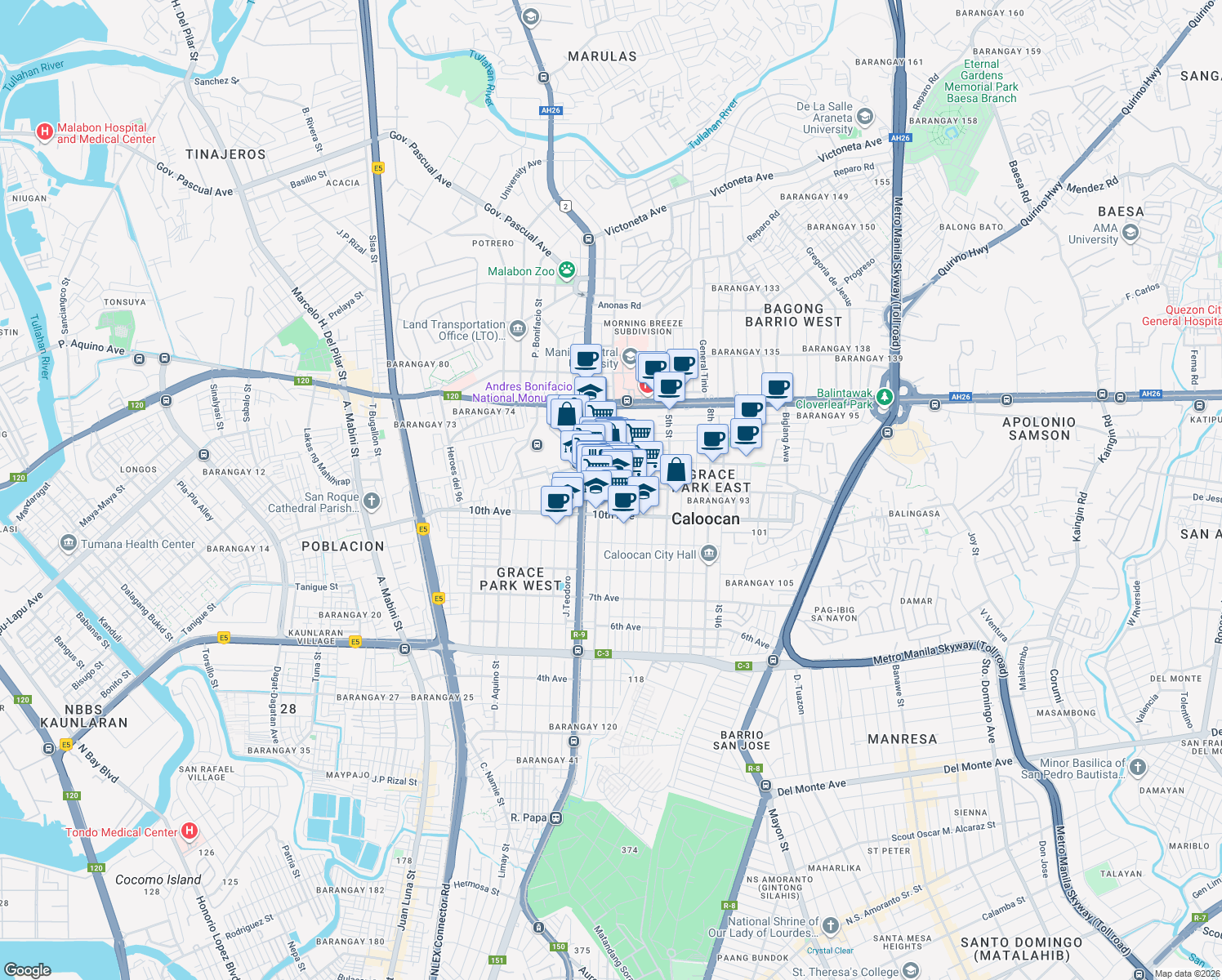 map of restaurants, bars, coffee shops, grocery stores, and more near 3010 11th Avenue in Caloocan