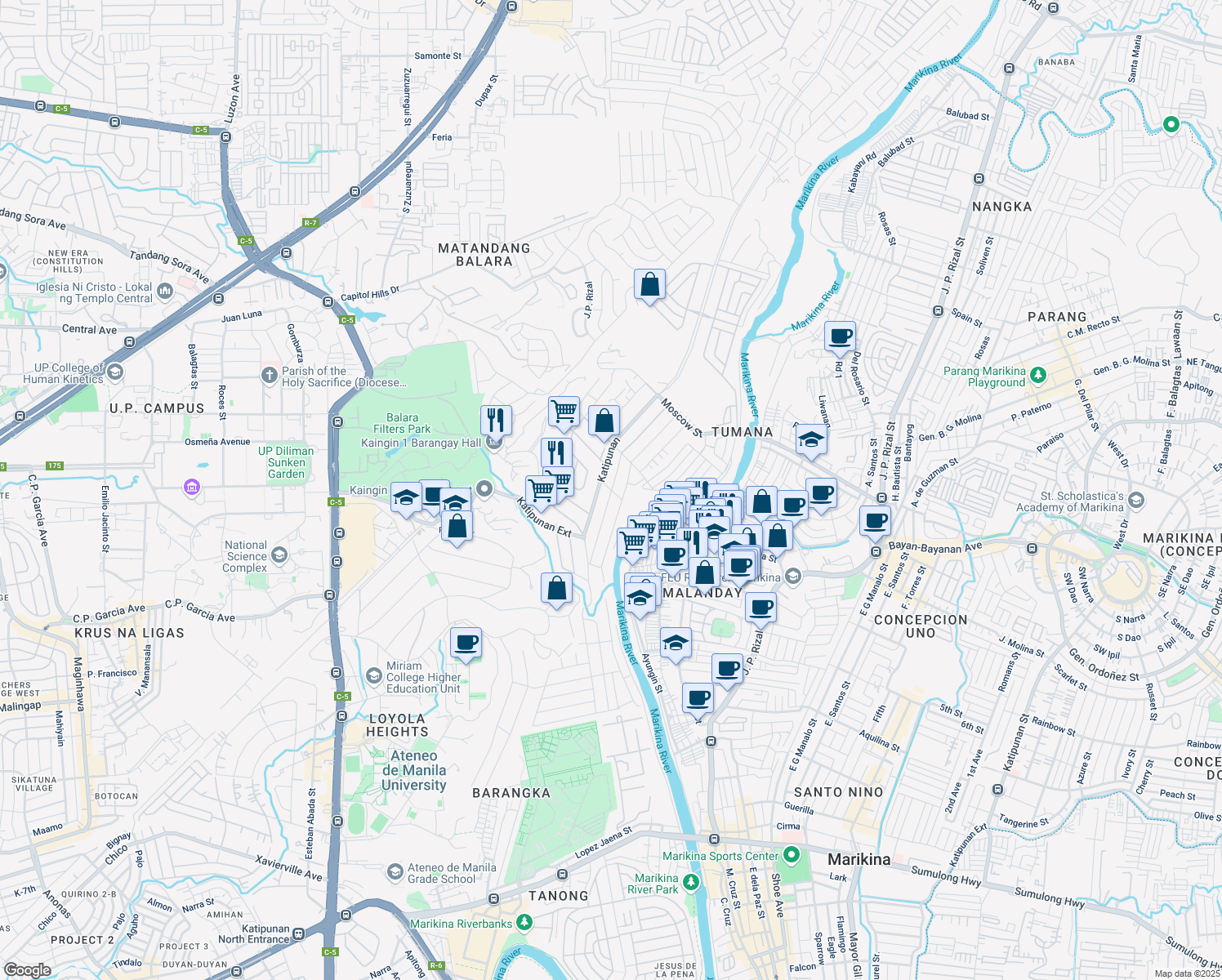 map of restaurants, bars, coffee shops, grocery stores, and more near Brazil in Marikina City