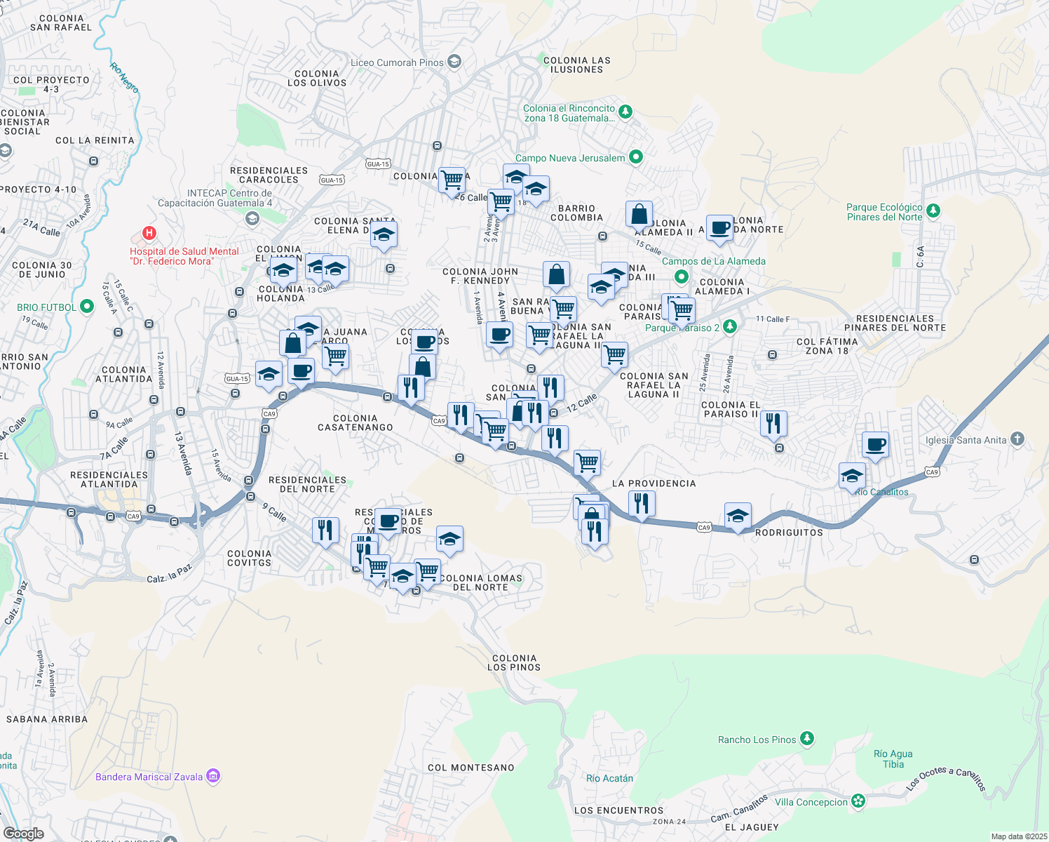 map of restaurants, bars, coffee shops, grocery stores, and more near 3 calle 5 Avenida in Ciudad de Guatemala