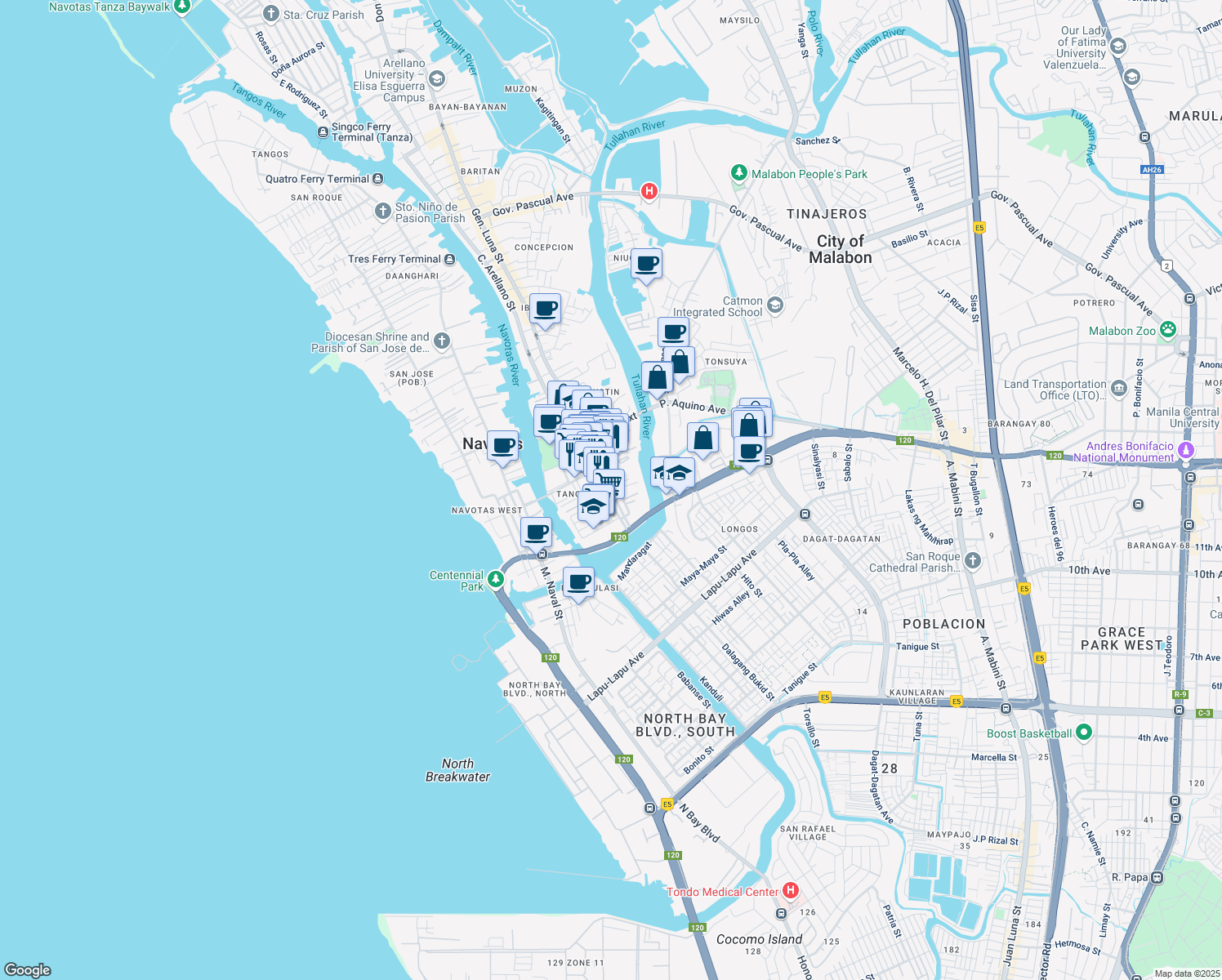map of restaurants, bars, coffee shops, grocery stores, and more near Manapat Street in Malabon City