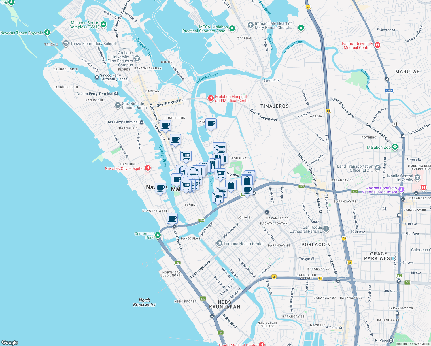 map of restaurants, bars, coffee shops, grocery stores, and more near Tonsuya Bridge in Malabon City