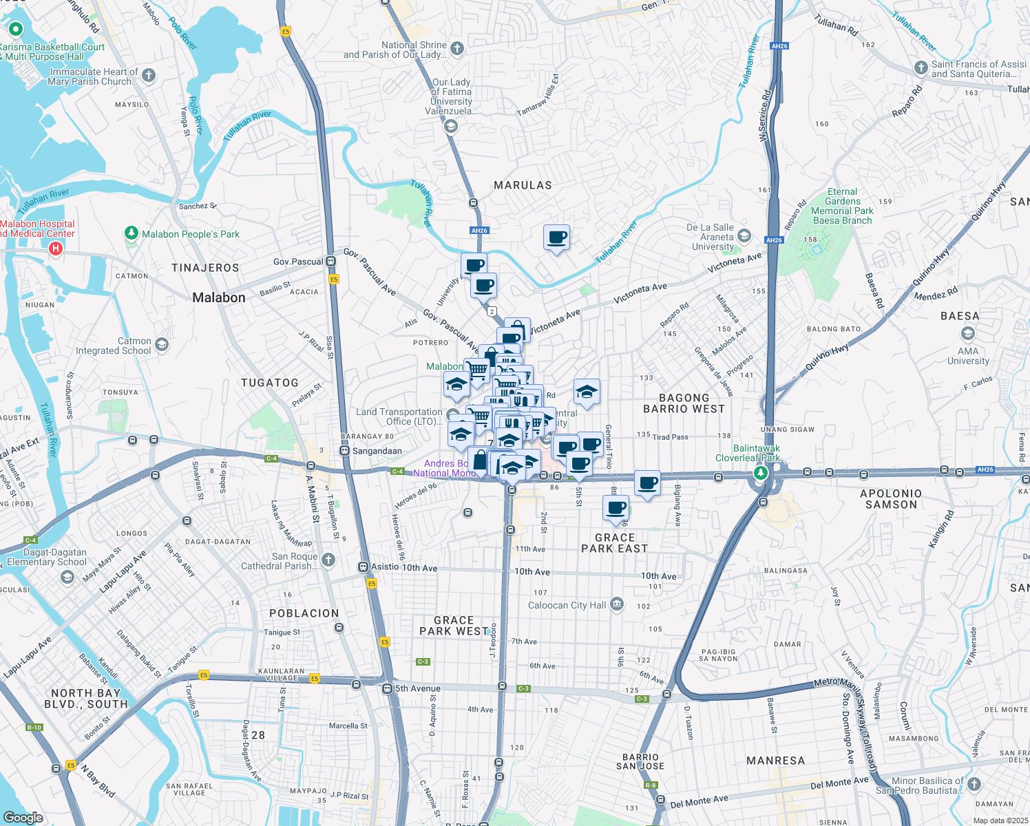 map of restaurants, bars, coffee shops, grocery stores, and more near 4 MacArthur Highway in City of Malabon