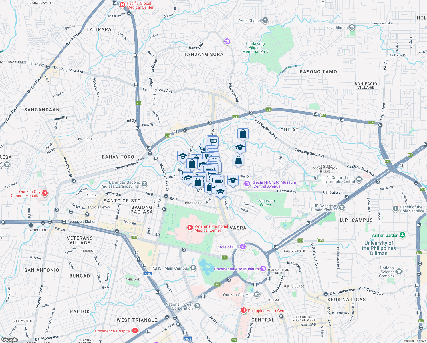 map of restaurants, bars, coffee shops, grocery stores, and more near Visayas Avenue in Quezon City