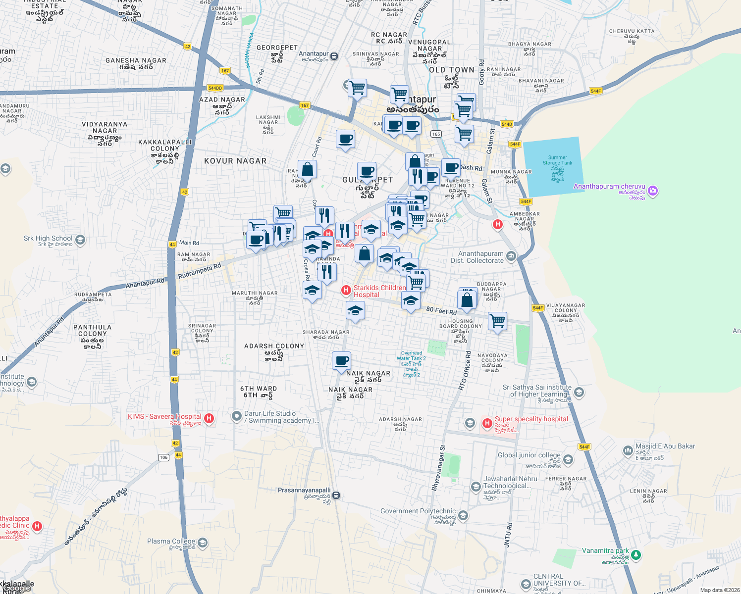 map of restaurants, bars, coffee shops, grocery stores, and more near 12-4-959 80 Feet Road in Anantapur