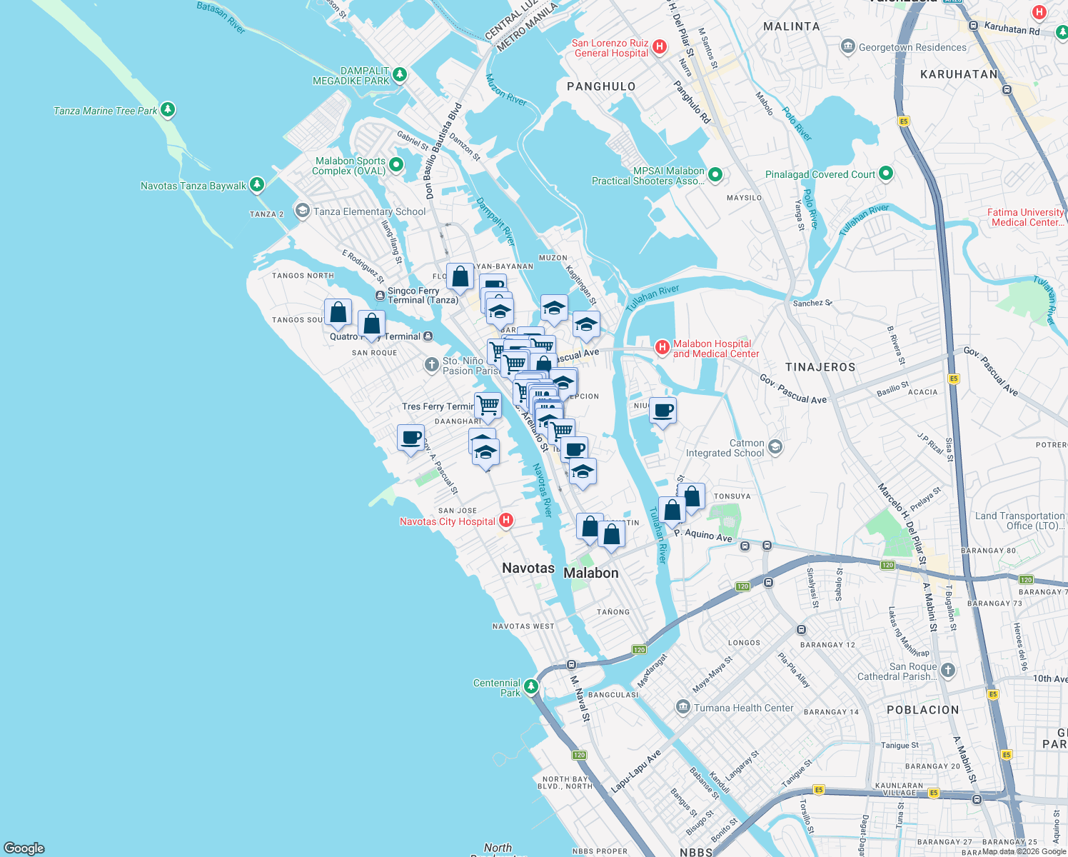 map of restaurants, bars, coffee shops, grocery stores, and more near C. Arellano Street in Malabon City