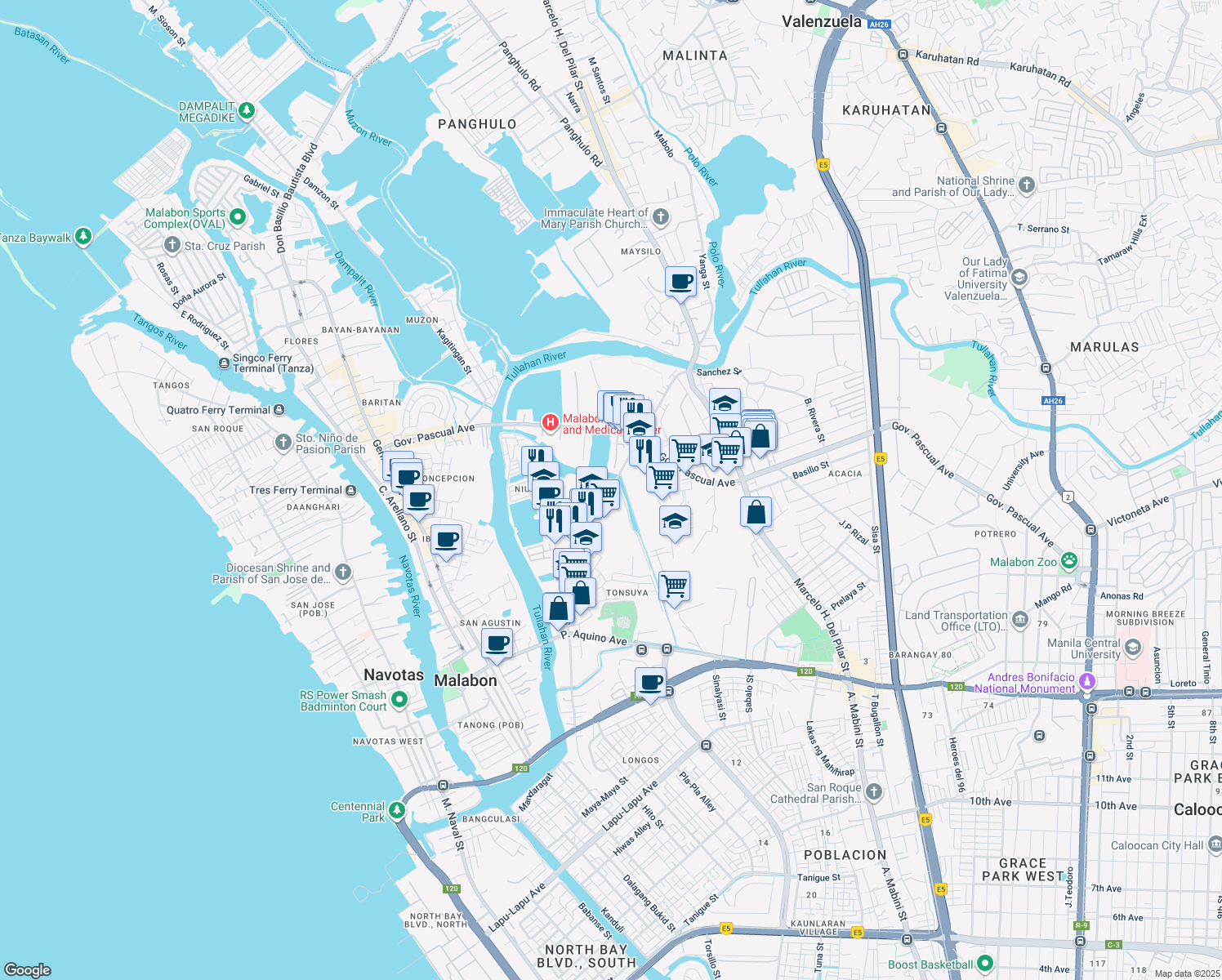 map of restaurants, bars, coffee shops, grocery stores, and more near Sanciangco Street in Malabon City