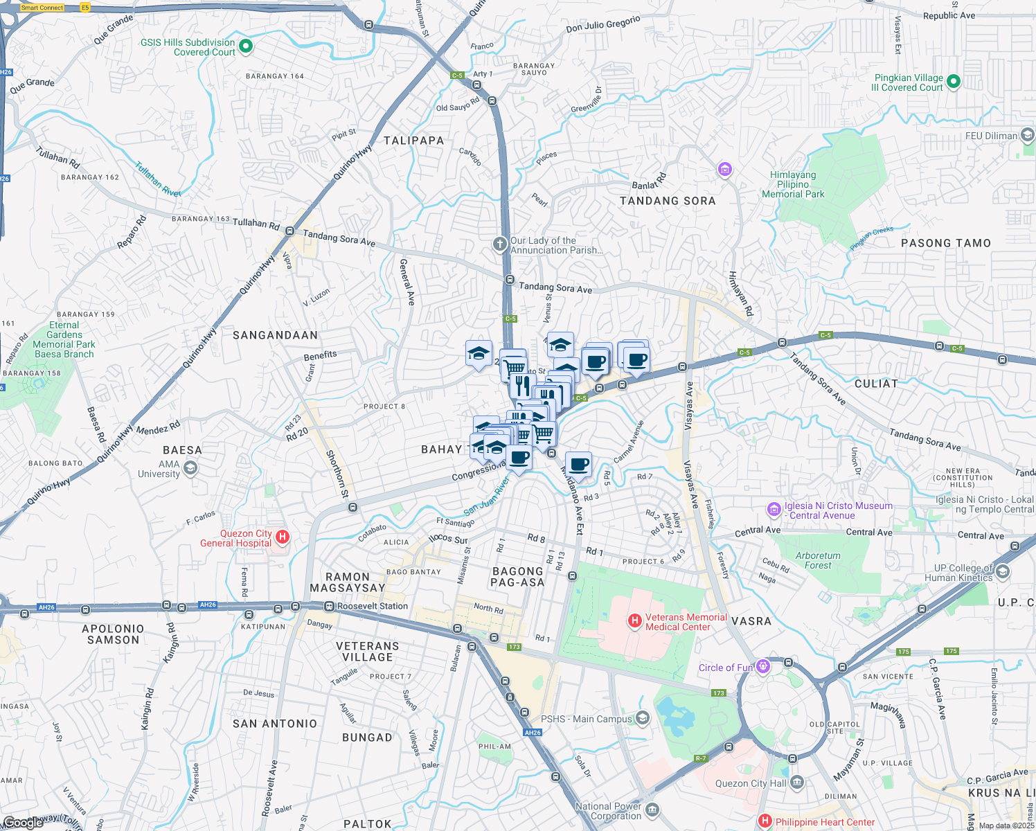 map of restaurants, bars, coffee shops, grocery stores, and more near 3 C-5 in Quezon City