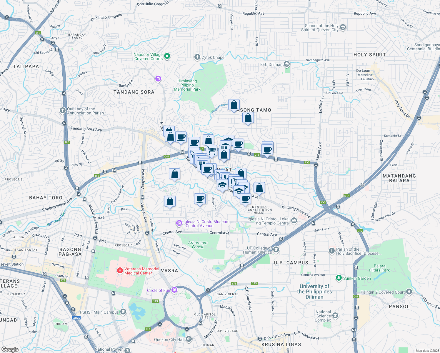 map of restaurants, bars, coffee shops, grocery stores, and more near Collins in Quezon City