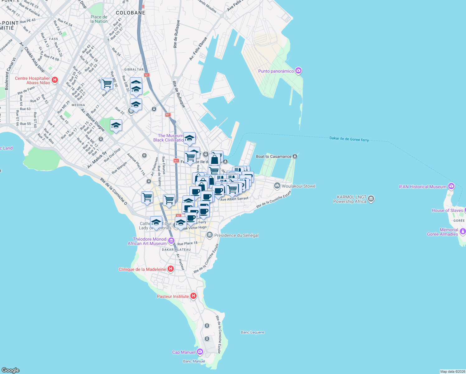 map of restaurants, bars, coffee shops, grocery stores, and more near Boulevard El Hadji Djily Mbaye in Dakar