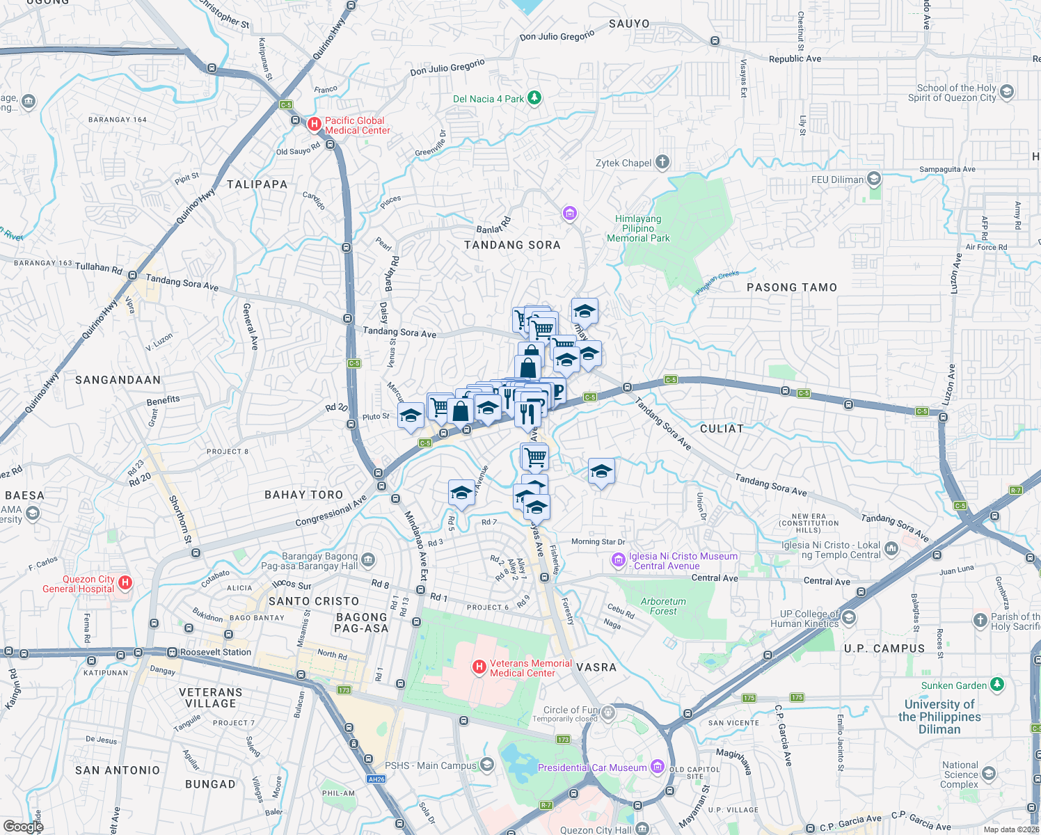 map of restaurants, bars, coffee shops, grocery stores, and more near 28 Visayas Avenue in Quezon City