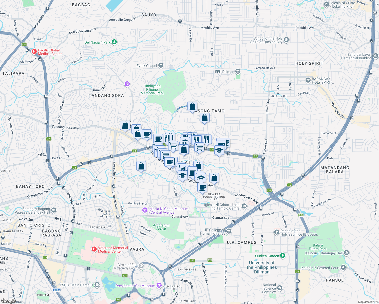 map of restaurants, bars, coffee shops, grocery stores, and more near Tulips in Quezon City